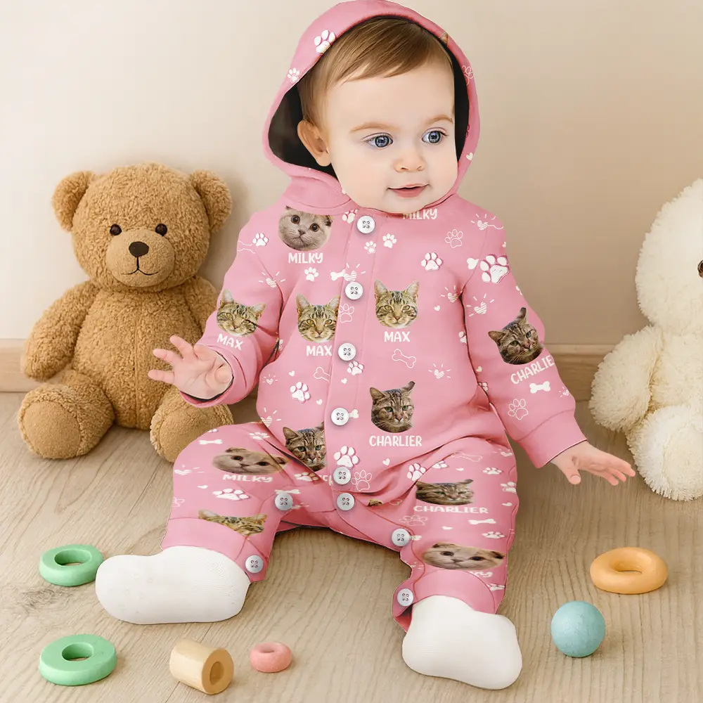Custom Photo Paw Prints In My Heart Pet Mom Dad Dog Cat Lover - Personalized Overall Onesie Hooded Jumpsuit - Image 7