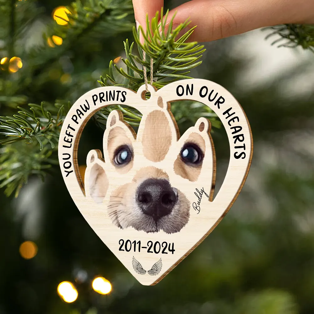 Custom Photo Paw Prints On My Heart - Personalized Wooden Cutout Ornament - Image 3