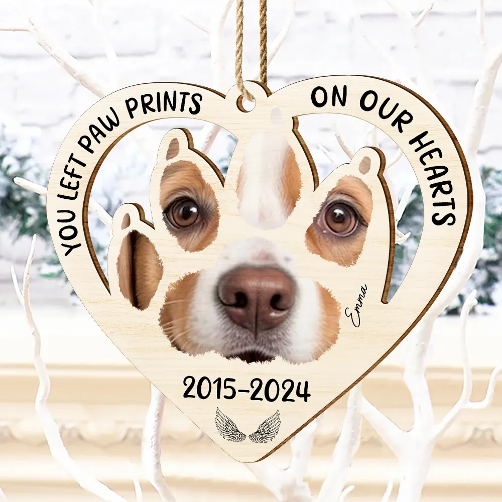 Custom Photo Paw Prints On My Heart - Personalized Wooden Cutout Ornament - Image 5