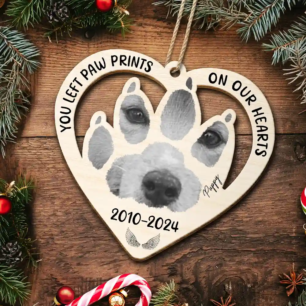 Custom Photo Paw Prints On My Heart - Personalized Wooden Cutout Ornament - Image 6