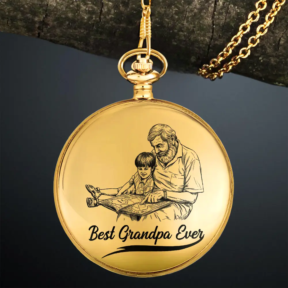 Custom Photo Pencil Drawing Best Dad Grandpa Ever - Personalized Pocket Watch - Image 4