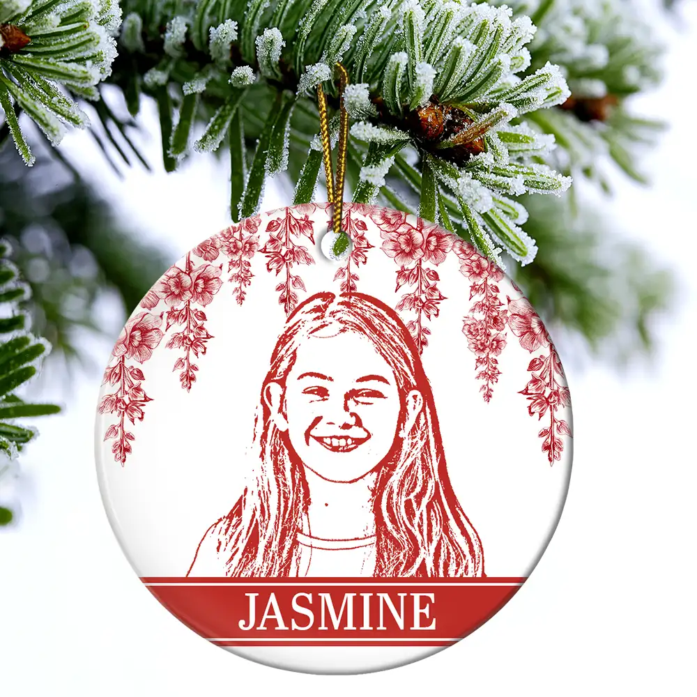 Custom Photo Pencil Drawing Birth Flower Family Portrait - Personalized Circle Ceramic Ornament - Image 5