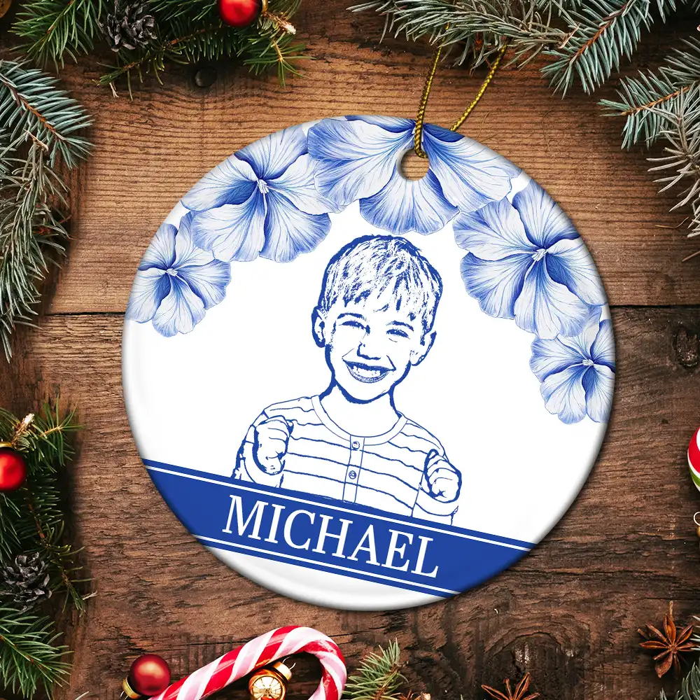 Custom Photo Pencil Drawing Birth Flower Family Portrait - Personalized Circle Ceramic Ornament - Image 6