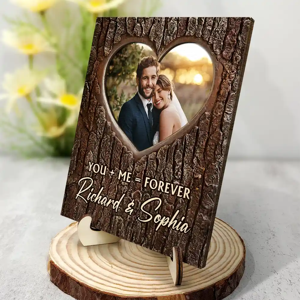 Custom Photo Pencil Drawing Carved In Love Couple You + Me = Forever - Personalized 2-Layered Wooden Plaque With Stand - Image 2