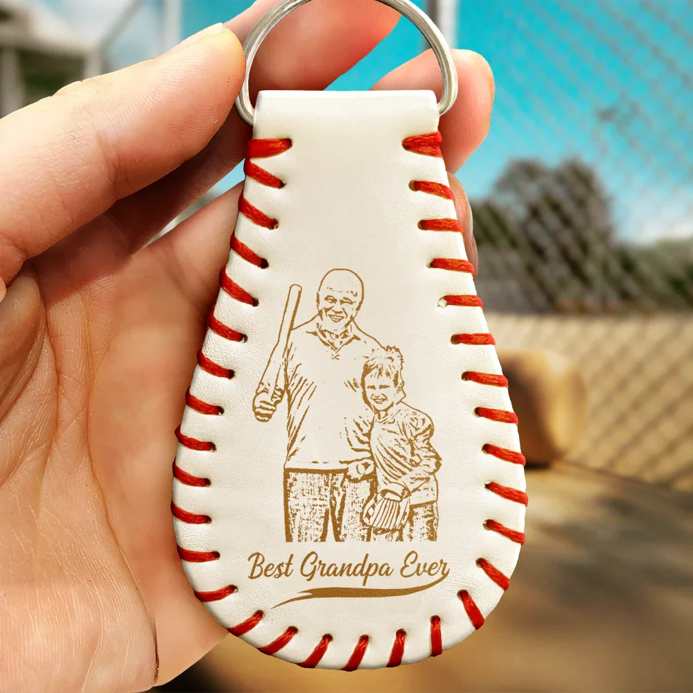Custom Photo Pencil Drawing Engraved Best Dad Grandpa Ever - Personalized Leather Baseball Keychain - Image 3
