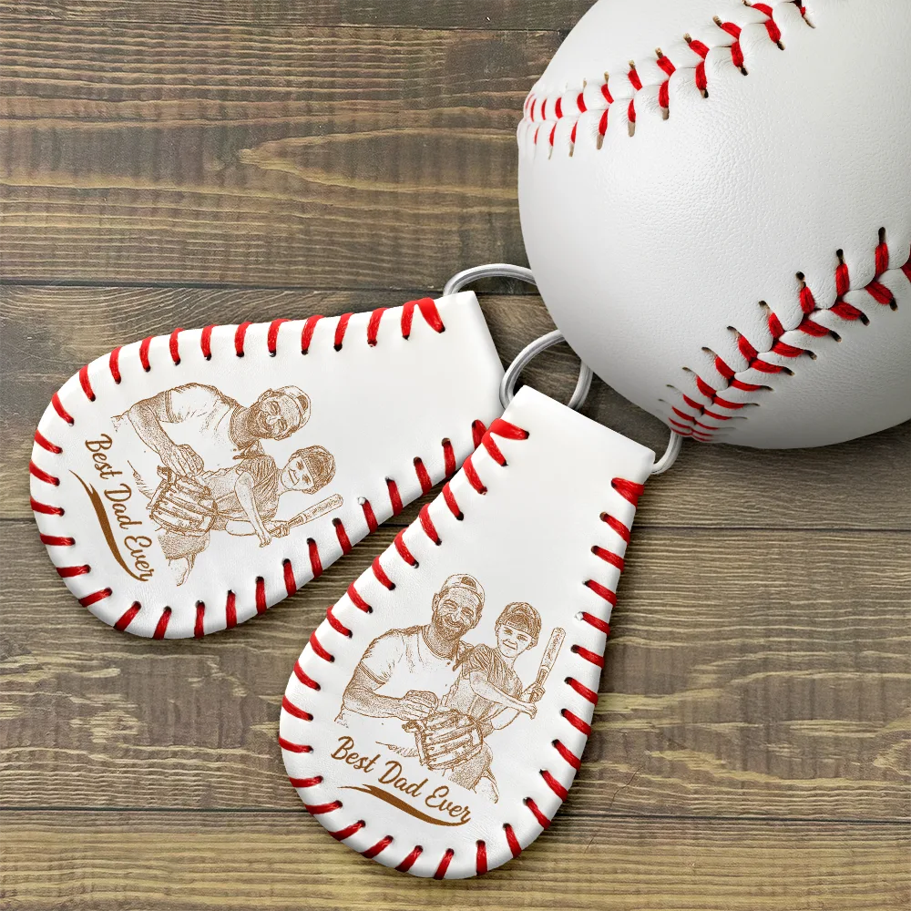 Custom Photo Pencil Drawing Engraved Best Dad Grandpa Ever - Personalized Leather Baseball Keychain - Image 4