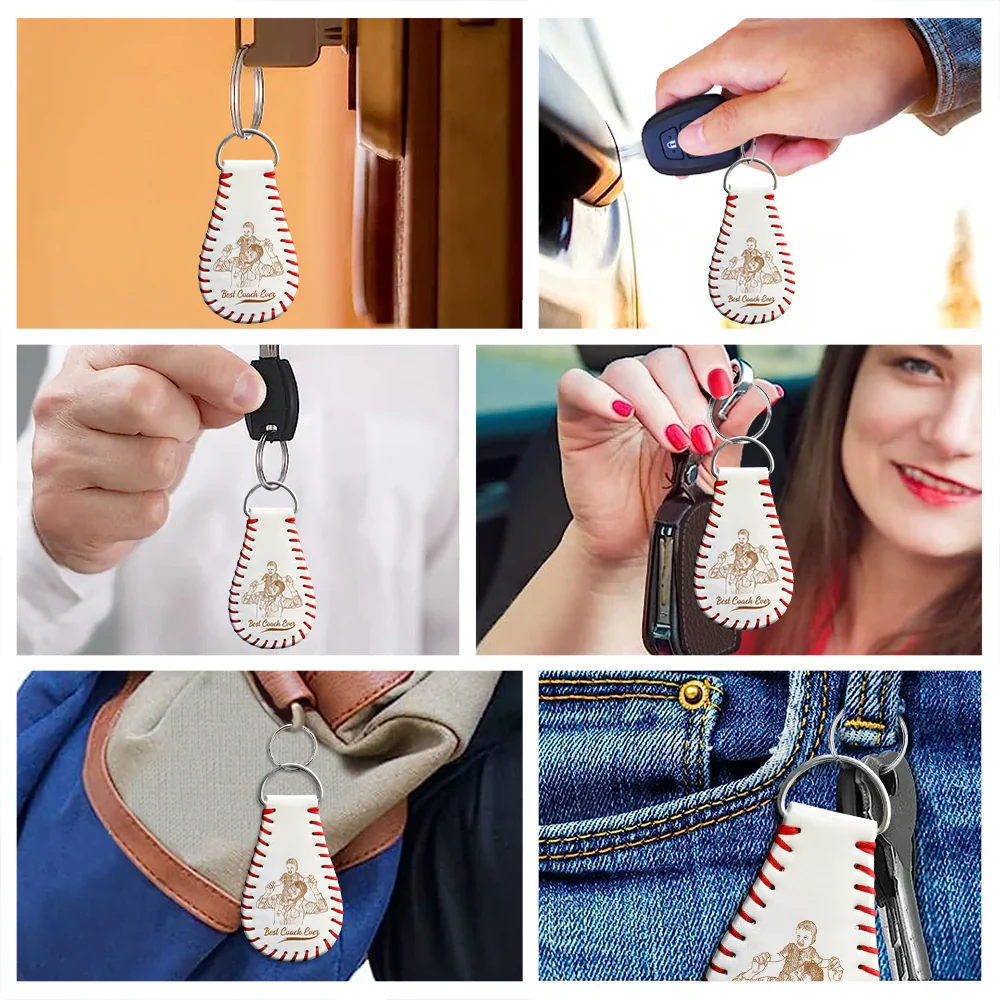 Custom Photo Pencil Drawing Engraved Best Dad Grandpa Ever - Personalized Leather Baseball Keychain - Image 7