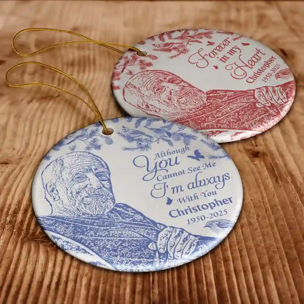 Custom Photo Pencil Drawing Toile De Jouy Memorial Although You Cannot See Me - Personalized Circle Ceramic Ornament - Image 7