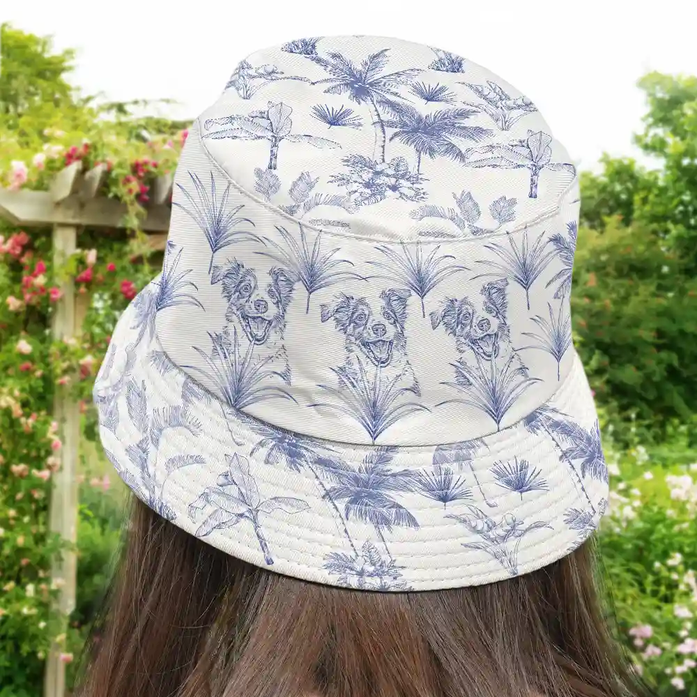 Custom Photo Pencil Drawing Toile De Jouy Pattern Family Pet - Personalized Bucket Hat - Image 5