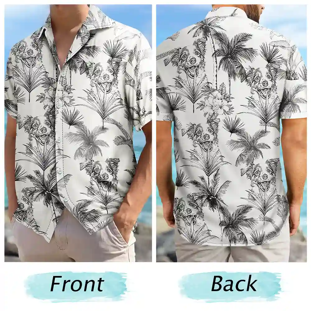 Custom Photo Pencil Drawing Toile De Jouy Pattern Family Pet - Personalized Hawaiian Shirt - Image 6