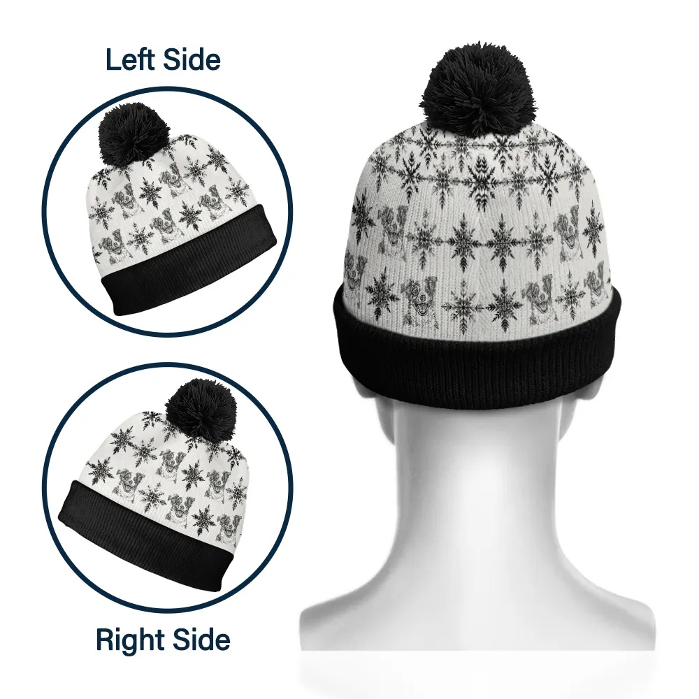 Custom Photo Pencil Drawing Toile De Jouy Snowflakes - Personalized Bobble Beanie Hat - Image 4
