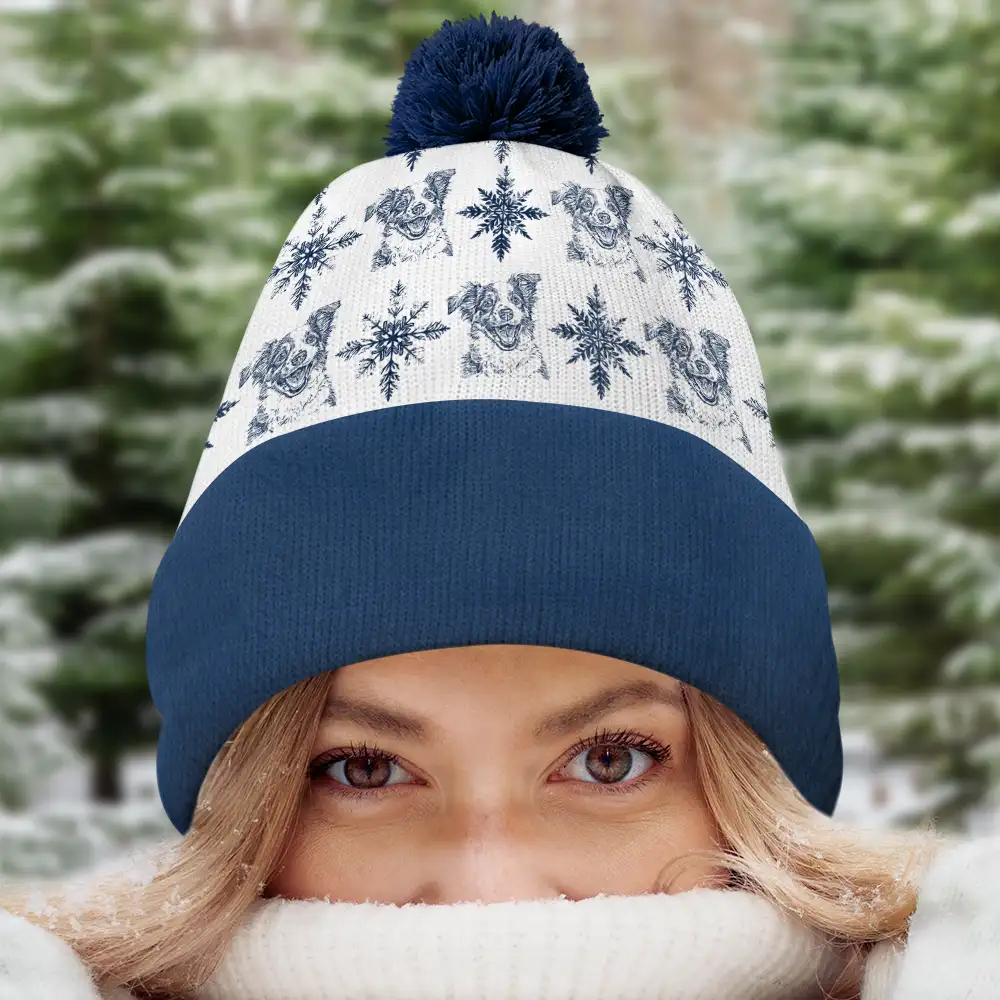 Custom Photo Pencil Drawing Toile De Jouy Snowflakes - Personalized Bobble Beanie Hat - Image 5