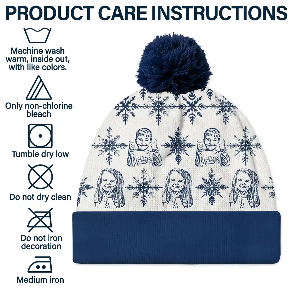 Custom Photo Pencil Drawing Toile De Jouy Snowflakes - Personalized Bobble Beanie Hat - Image 7