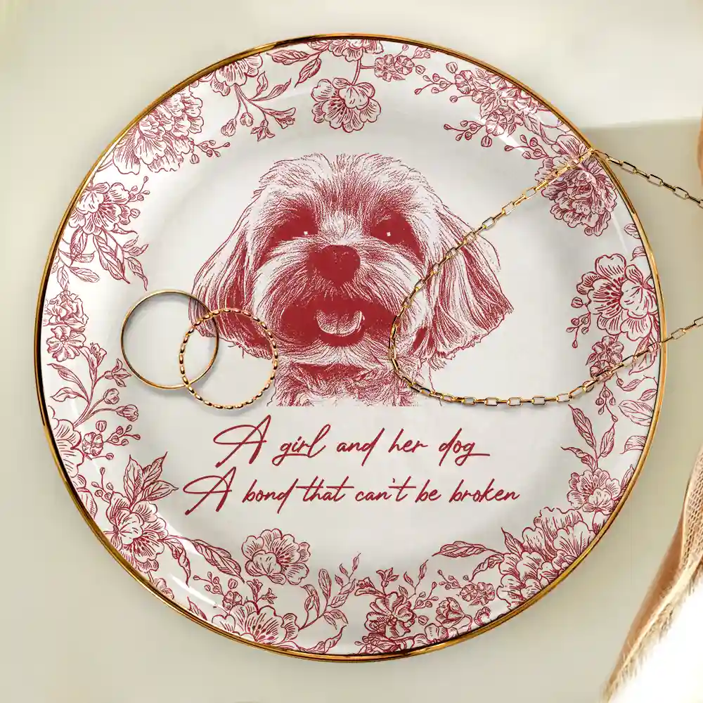 Custom Photo Pencil Sketch A Girl And Her Dog Cat - Personalized Ring Dish - Image 5