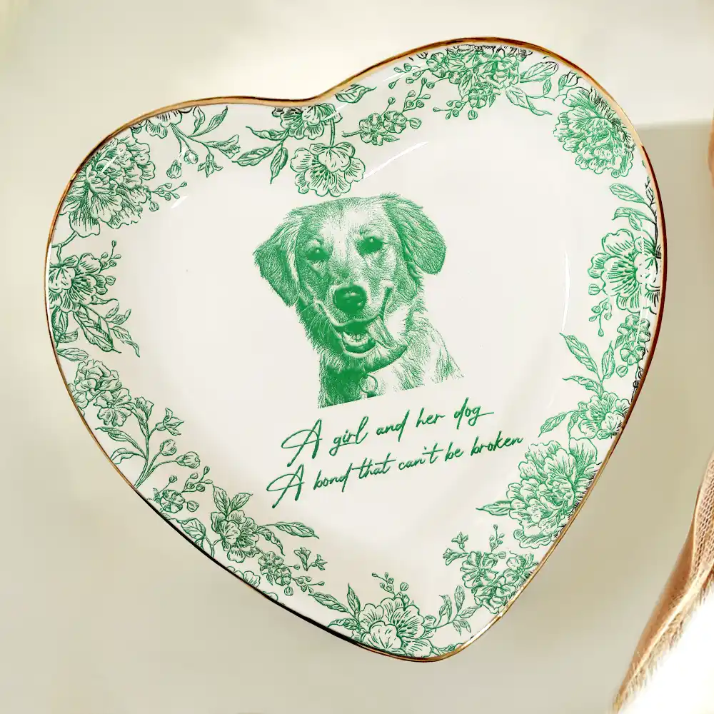 Custom Photo Pencil Sketch A Girl And Her Dog Cat - Personalized Ring Dish - Image 6
