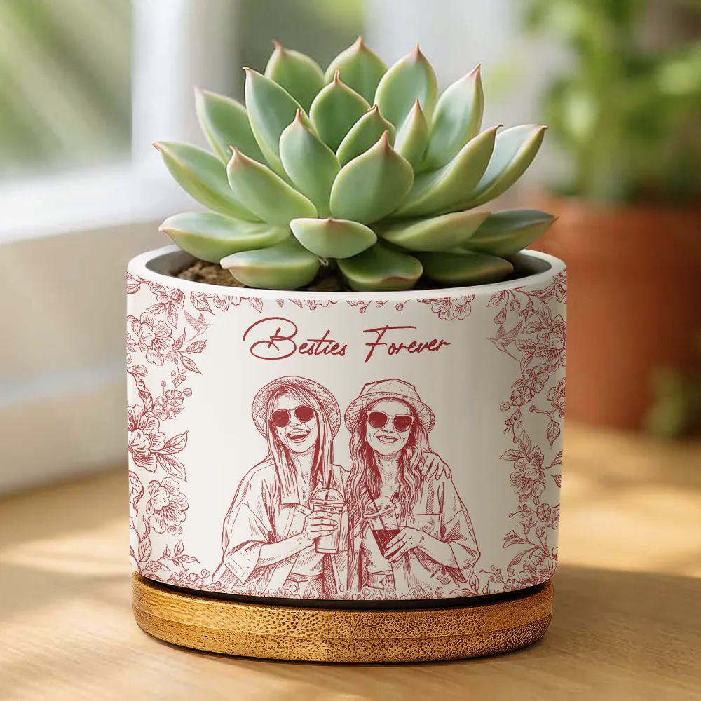 Custom Photo Pencil Sketch A True Friendship Is A Journey Without An End - Personalised Ceramic Plant Pot - Image 3