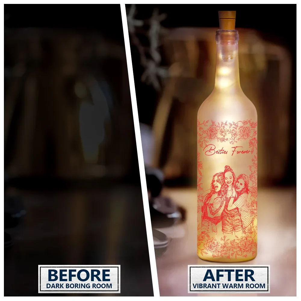 Custom Photo Pencil Sketch A True Friendship Is A Journey Without An End - Personalized Bottle Light - Image 3