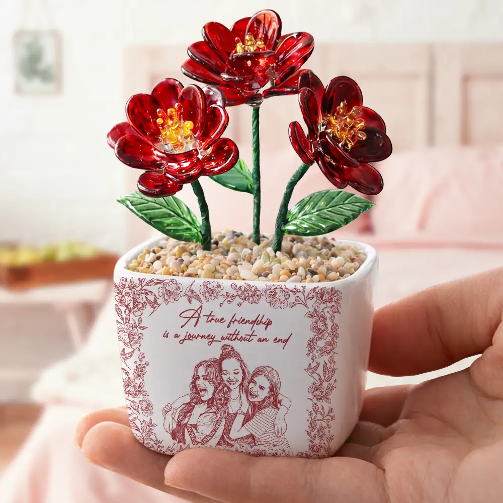 Custom Photo Pencil Sketch A True Friendship Is A Journey Without An End - Personalized Glass Flower Plant Pot - Image 5