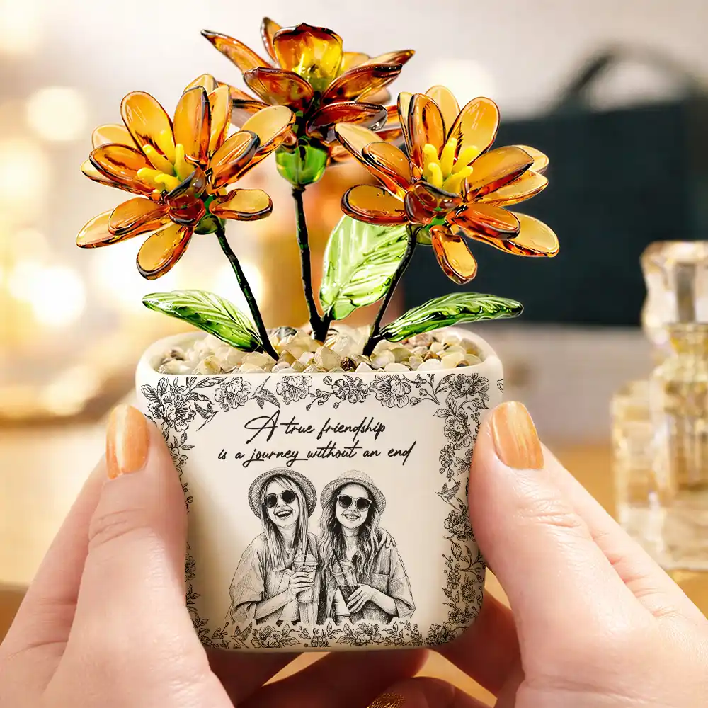Custom Photo Pencil Sketch A True Friendship Is A Journey Without An End - Personalized Glass Flower Plant Pot - Image 8