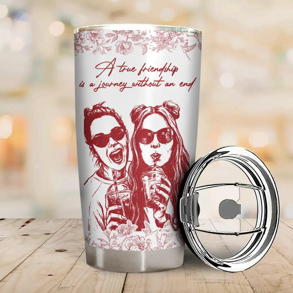 Custom Photo Pencil Sketch A True Friendship Is A Journey Without An End - Personalized Tumbler - Image 3