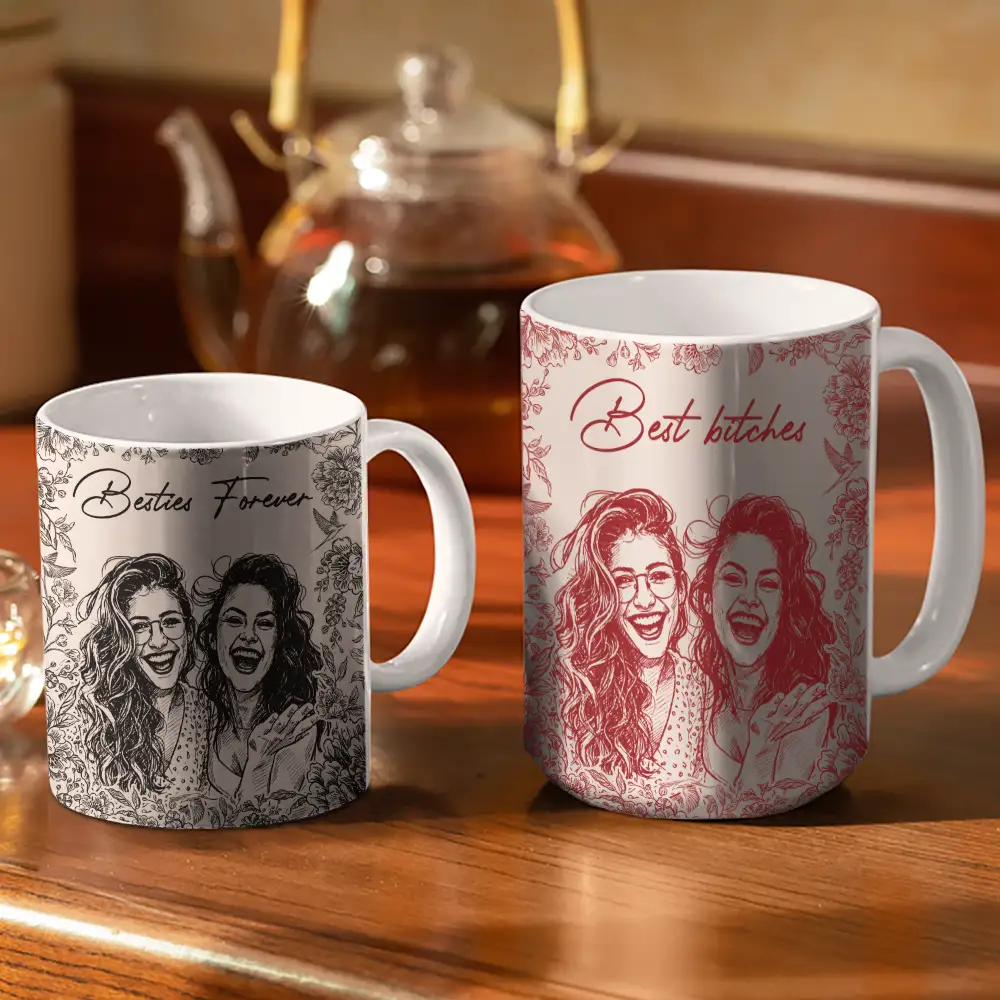 Custom Photo Pencil Sketch A True Friendship Is A Journey Without An End - Personalized White Edge-to-Edge Mug - Image 4