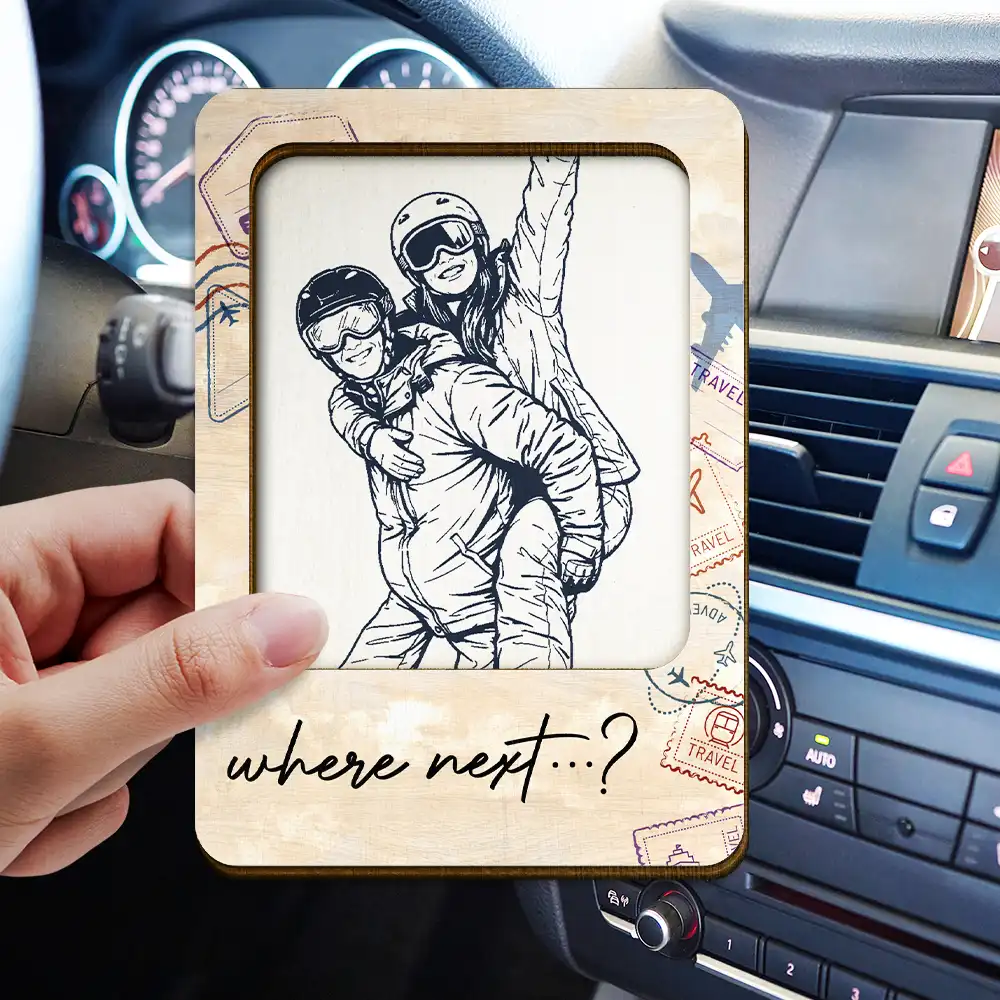 Custom Photo Pencil Sketch And So The Adventure Begins Traveling Couple - Personalized Custom Shaped Car Visor Clip - Image 4