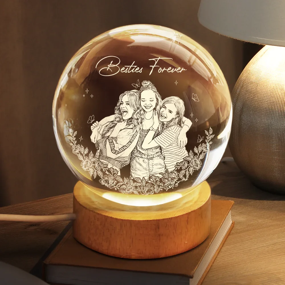Custom Photo Pencil Sketch Art A True Friendship Is A Journey Without An End - Personalized Crystal Globe Lamp - Image 3