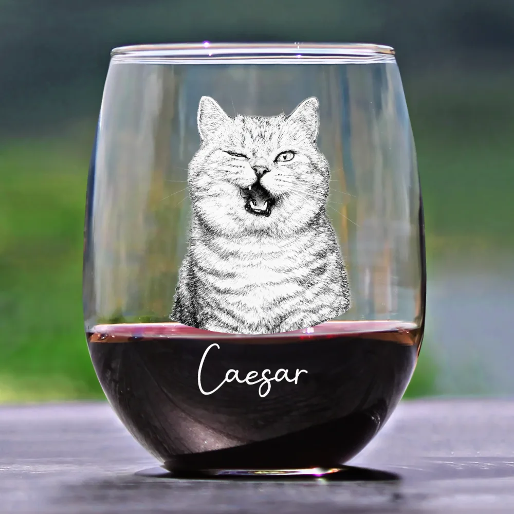 Custom Photo Pencil Sketch Art Family Besties Dog Cat Portrait - Personalized Stemless Wine Glass - Image 3