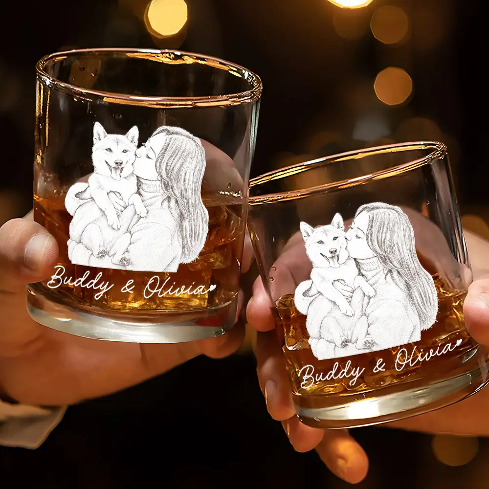 Custom Photo Pencil Sketch Art Family Dog Cat Portrait - Personalized Whiskey Glass - Image 4