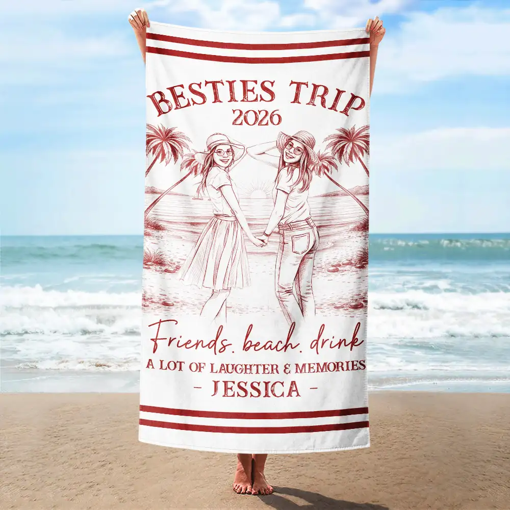 Custom Photo Pencil Sketch Art Girls Trip A Lot Of Laughter & Memories - Personalized Beach Towel - Image 3