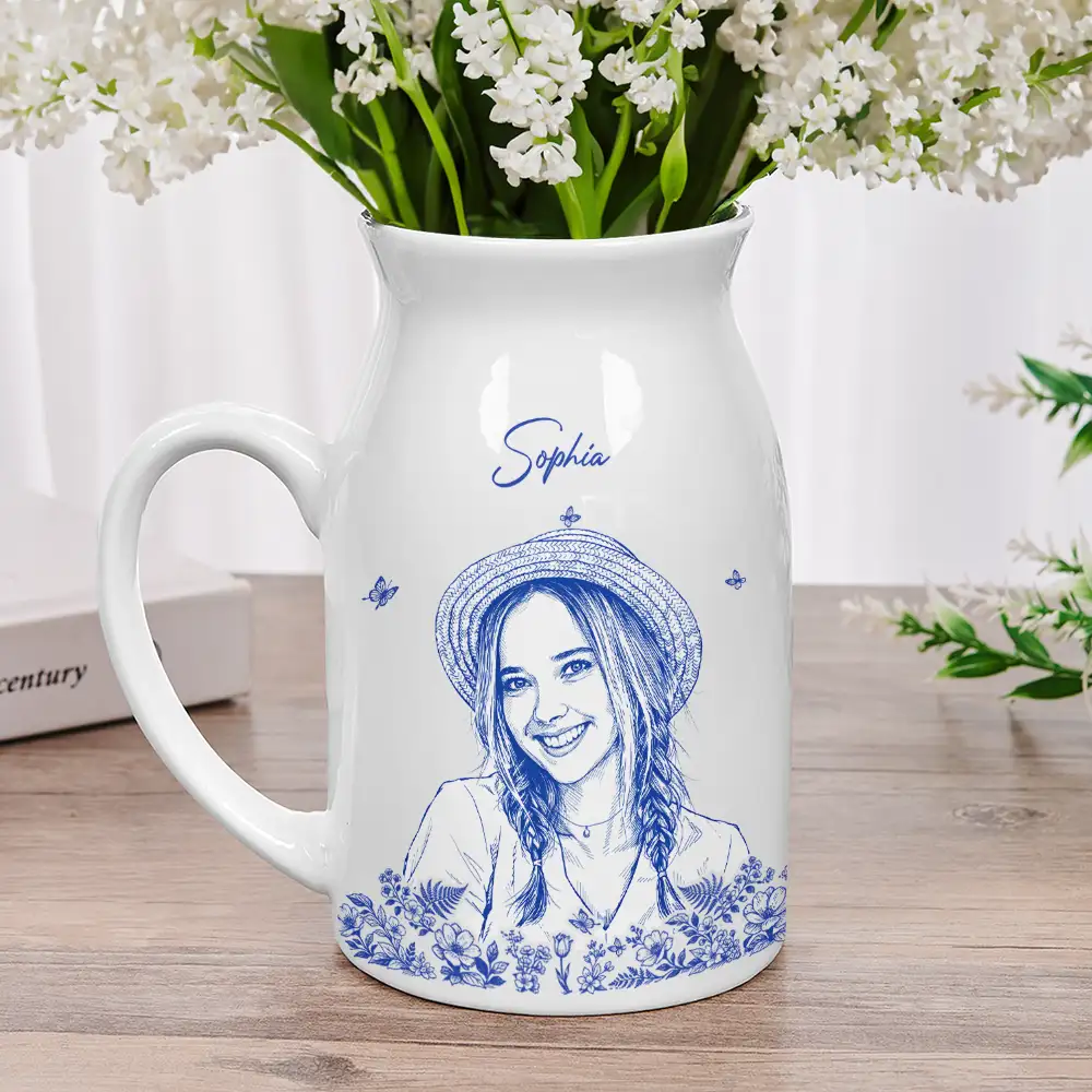 Custom Photo Pencil Sketch Art Loving Couple Family Pet - Personalized Ceramic Flower Vase - Image 3