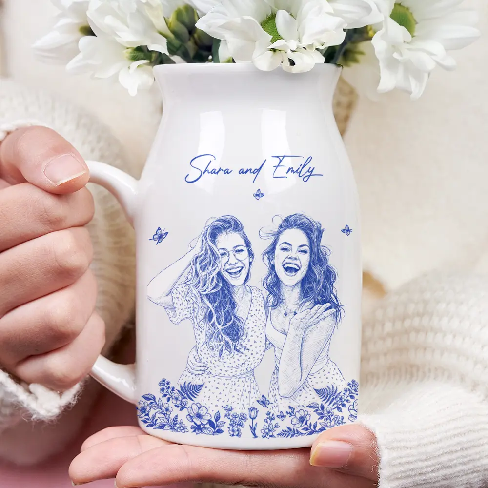 Custom Photo Pencil Sketch Art Loving Couple Family Pet - Personalized Ceramic Flower Vase - Image 4