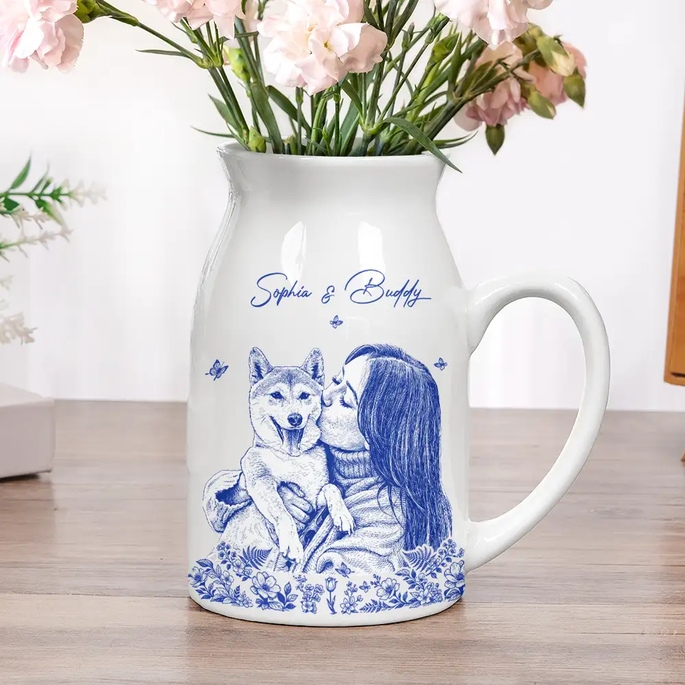 Custom Photo Pencil Sketch Art Loving Couple Family Pet - Personalized Ceramic Flower Vase - Image 6