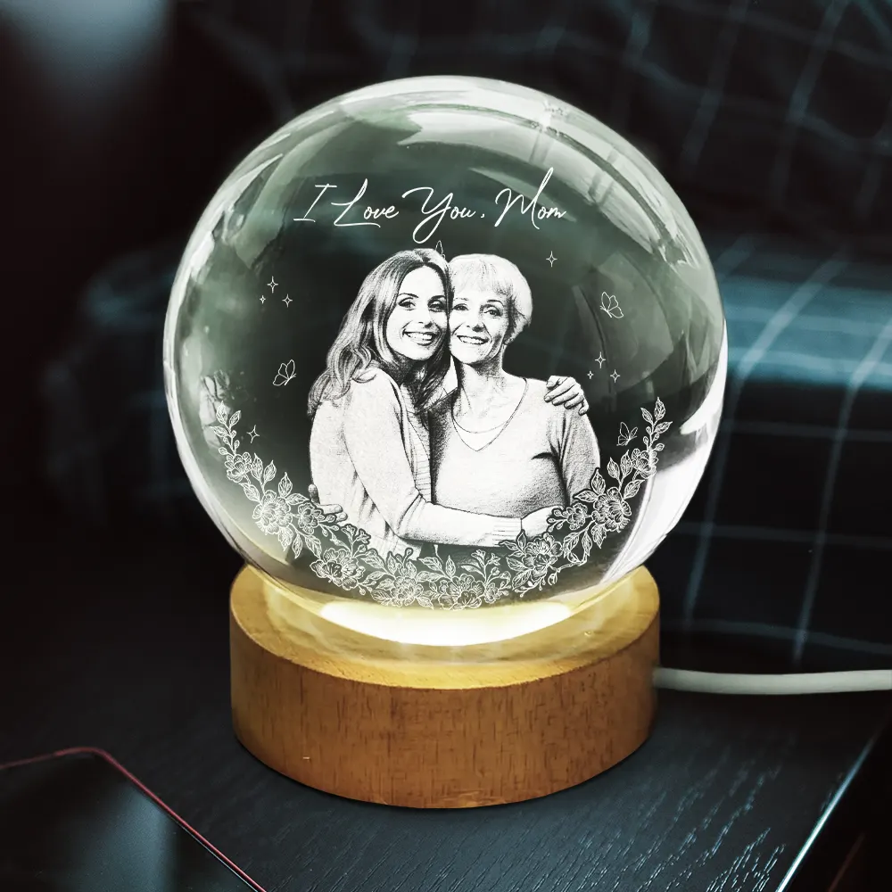 Custom Photo Pencil Sketch Art Loving Family - Personalized Crystal Globe Lamp - Image 4