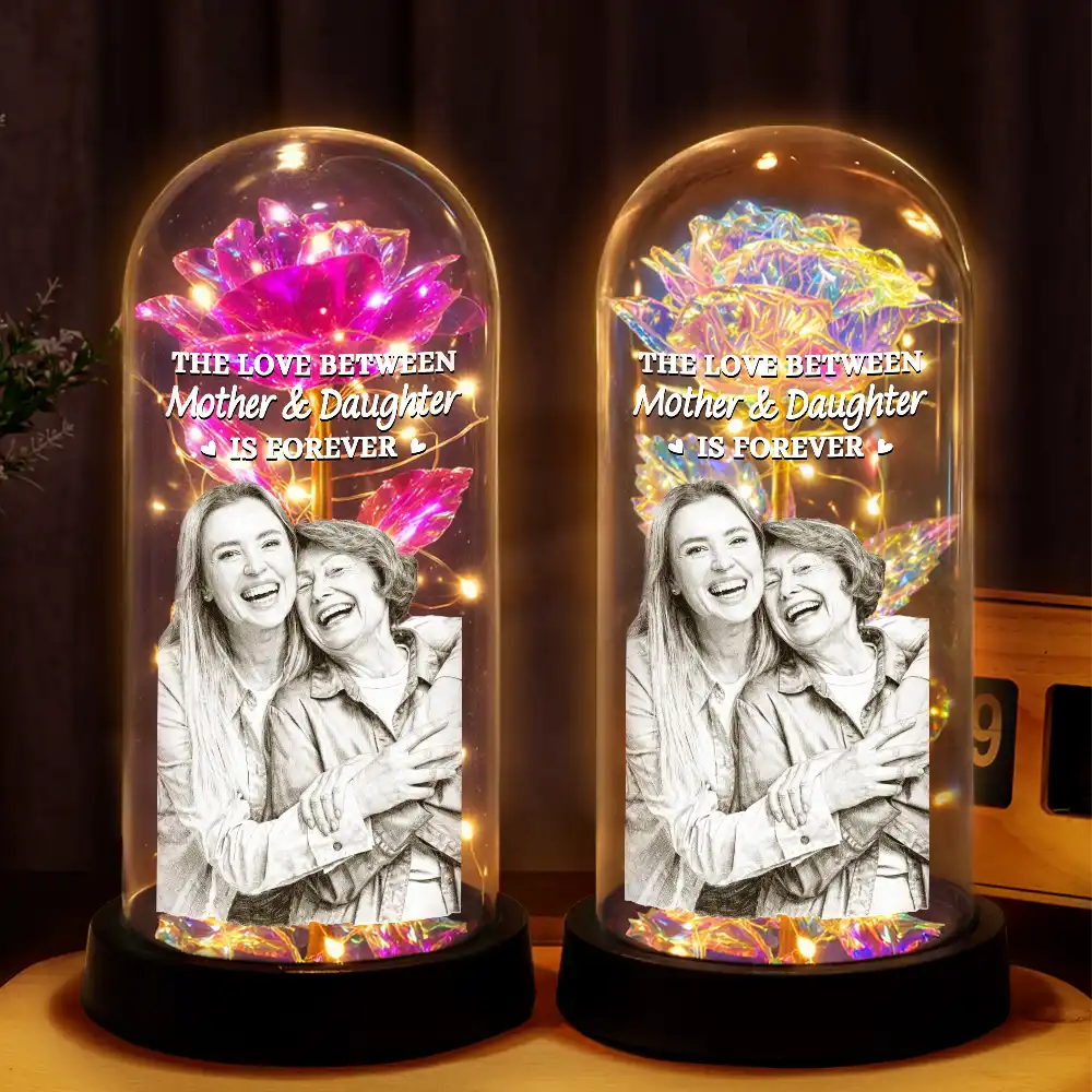 Custom Photo Pencil Sketch Art The Love Between Mother & Daughter Is Forever - Personalized Everlasting Rose Dome Lamp - Image 3