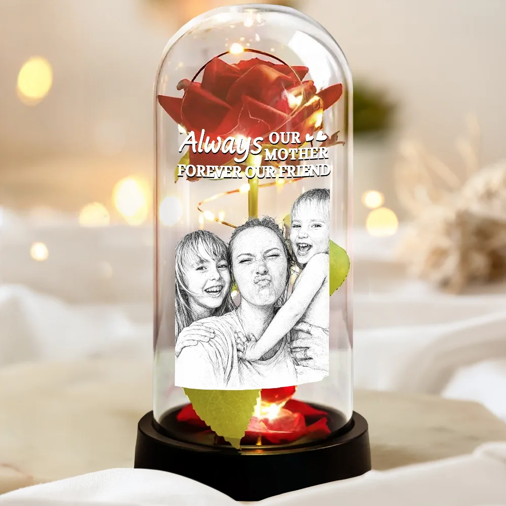 Custom Photo Pencil Sketch Art The Love Between Mother & Daughter Is Forever - Personalized Everlasting Rose Dome Lamp - Image 4