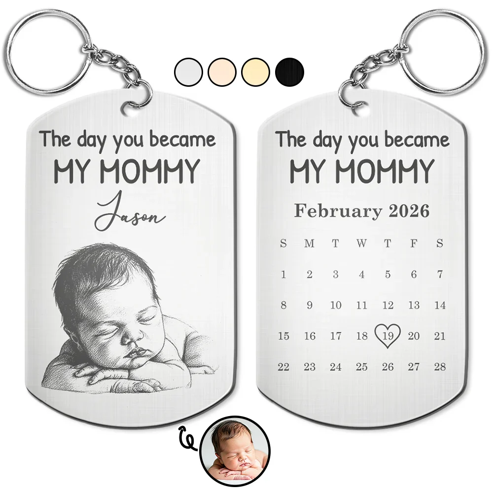 Custom Photo Pencil Sketch Calendar The Day You Became My Mom Dad - Personalized Aluminum Keychain - Image 2