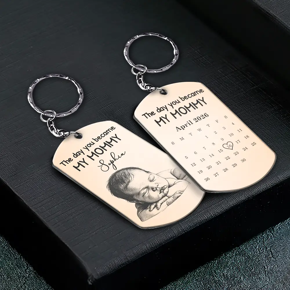 Custom Photo Pencil Sketch Calendar The Day You Became My Mom Dad - Personalized Aluminum Keychain - Image 4