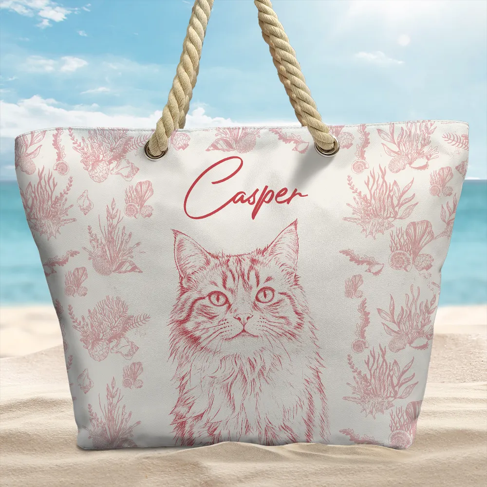 Custom Photo Pencil Sketch Dog Cat In Toile De Jouy Pattern - Personalized Beach Bag - Image 3