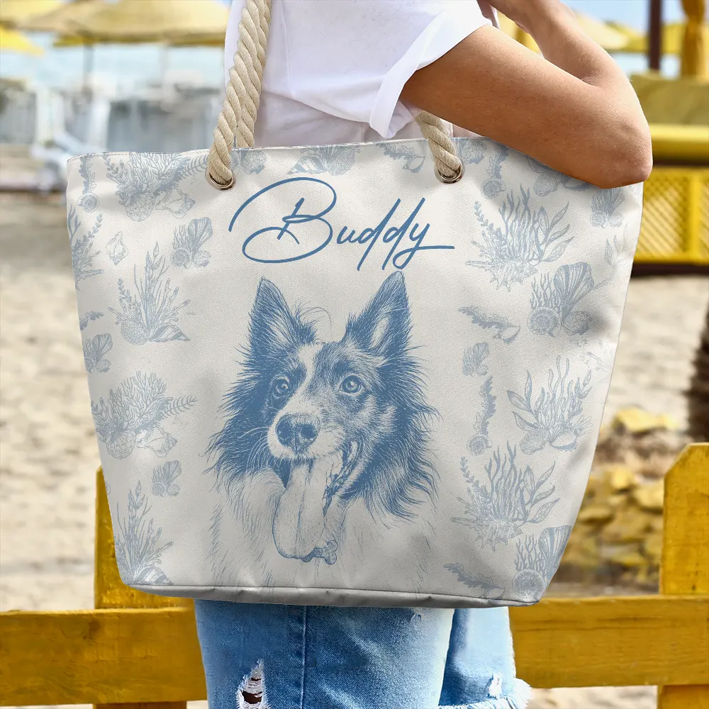 Custom Photo Pencil Sketch Dog Cat In Toile De Jouy Pattern - Personalized Beach Bag - Image 4