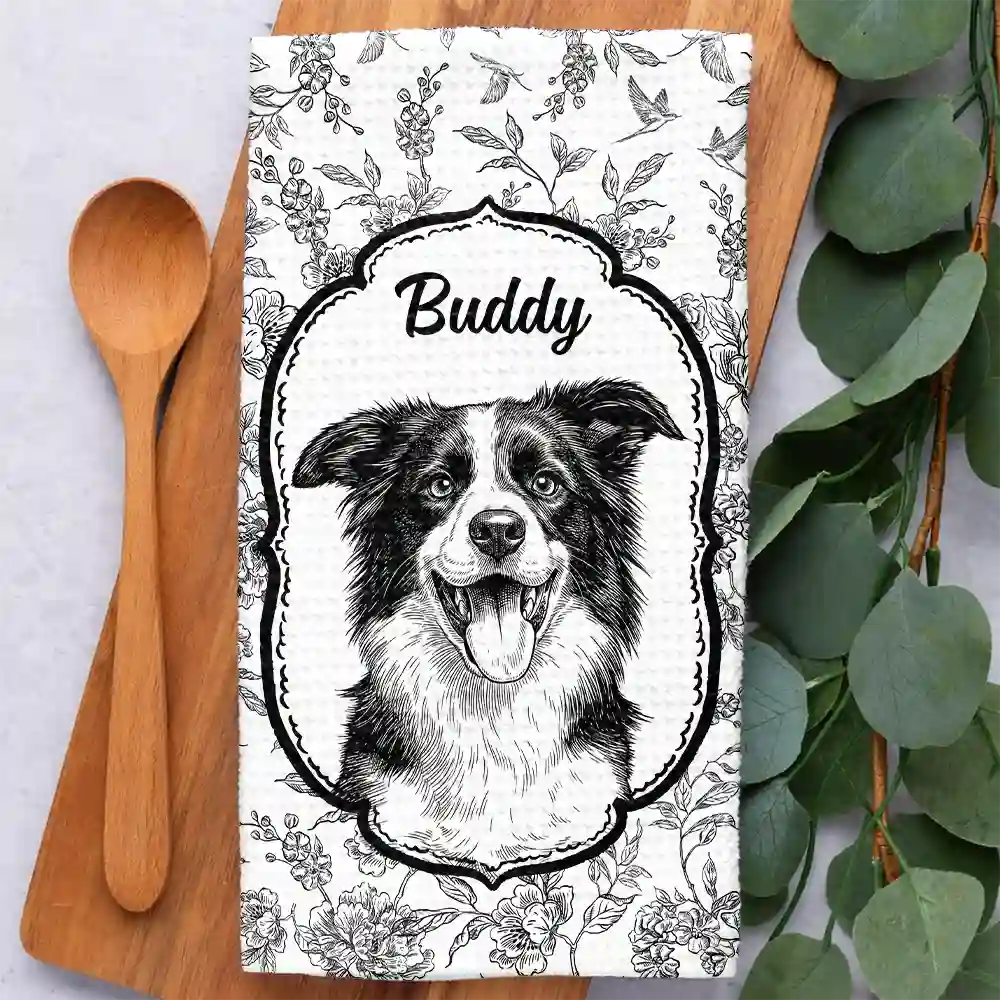 Custom Photo Pencil Sketch Dog Cat Pet Portrait Toile - Personalized Kitchen Towel - Image 3