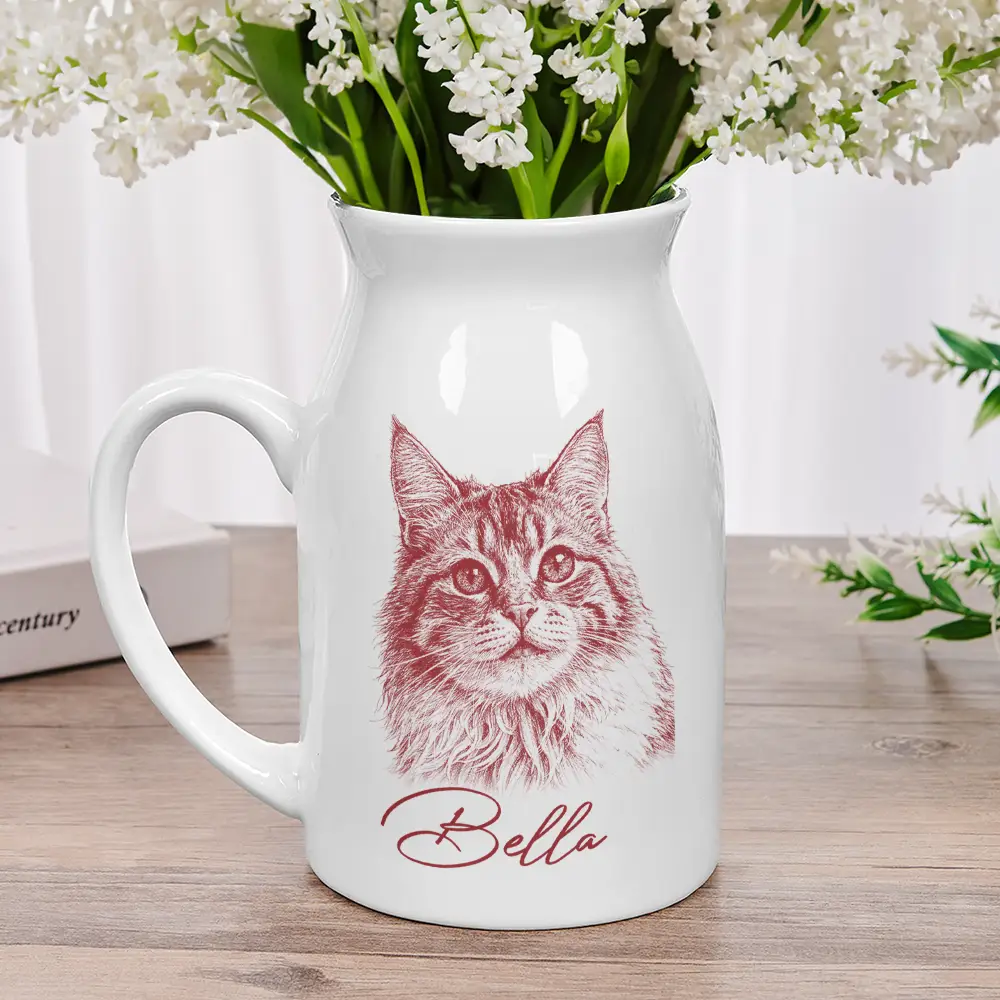 Custom Photo Pencil Sketch Family Besties Dog Cat Portrait - Personalized Ceramic Flower Vase - Image 3