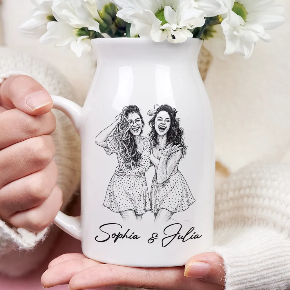 Custom Photo Pencil Sketch Family Besties Dog Cat Portrait - Personalized Ceramic Flower Vase - Image 4