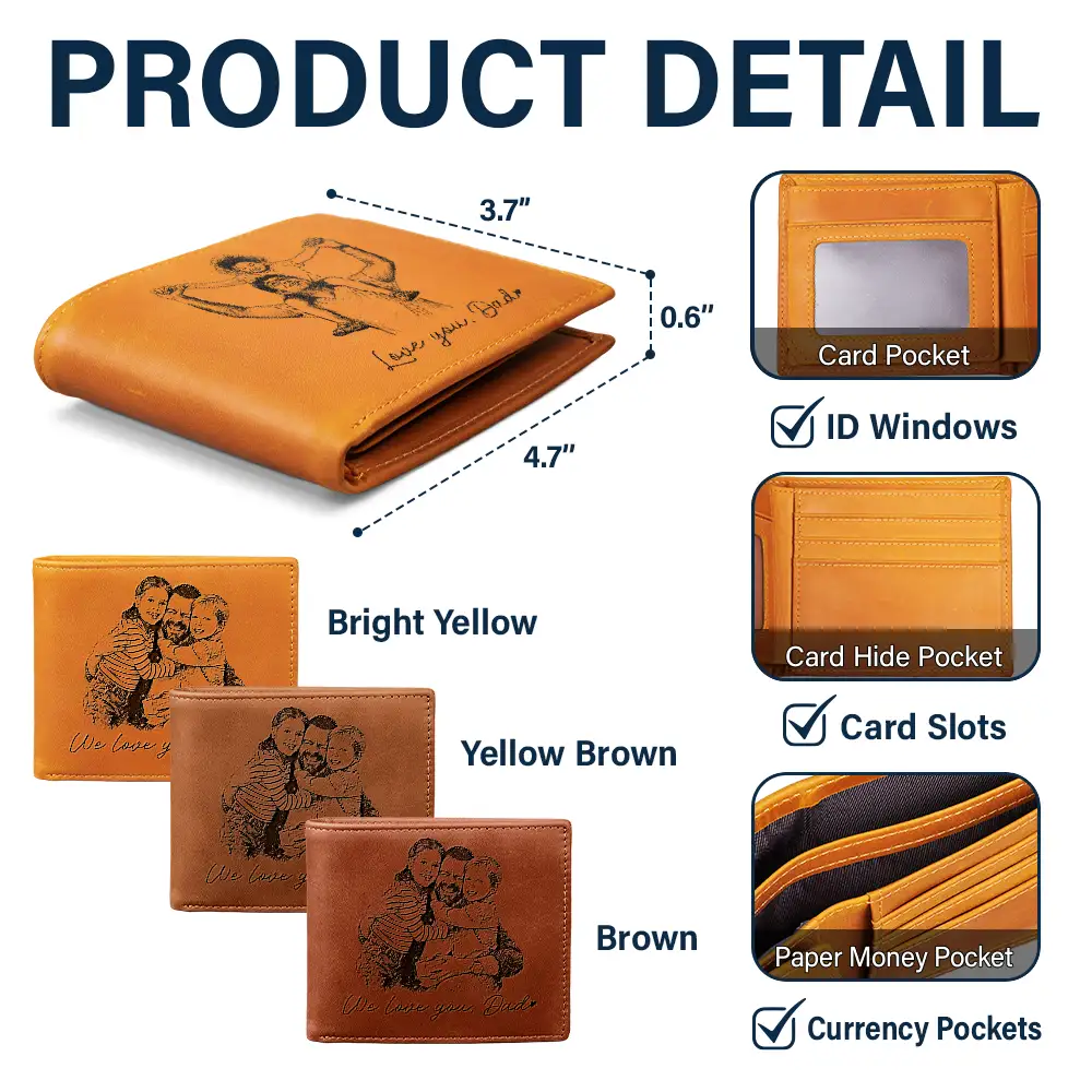 Custom Photo Pencil Sketch Family Dog Cat Portrait - Personalized Engraved Leather Wallet - Image 6