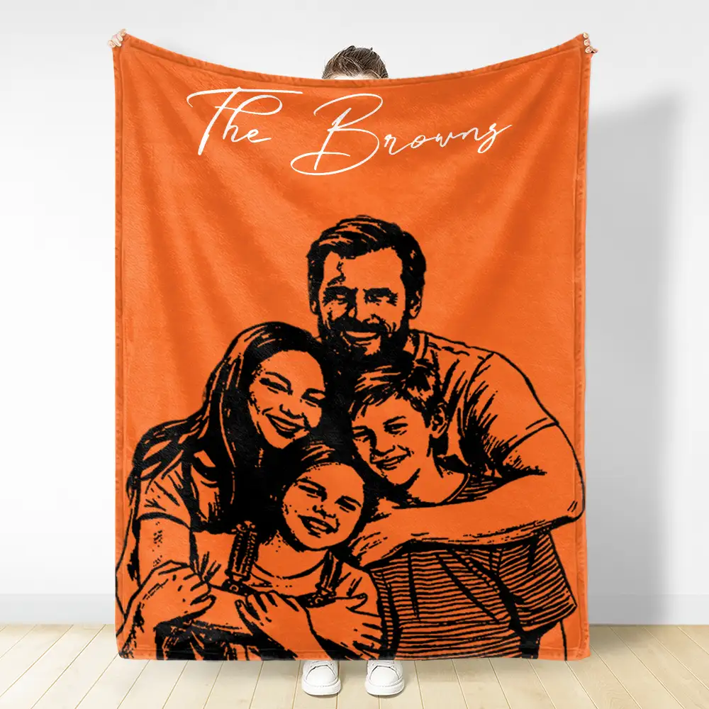 Custom Photo Pencil Sketch Family Dog Cat Portrait - Personalized Fleece Blanket, Sherpa Blanket - Image 4