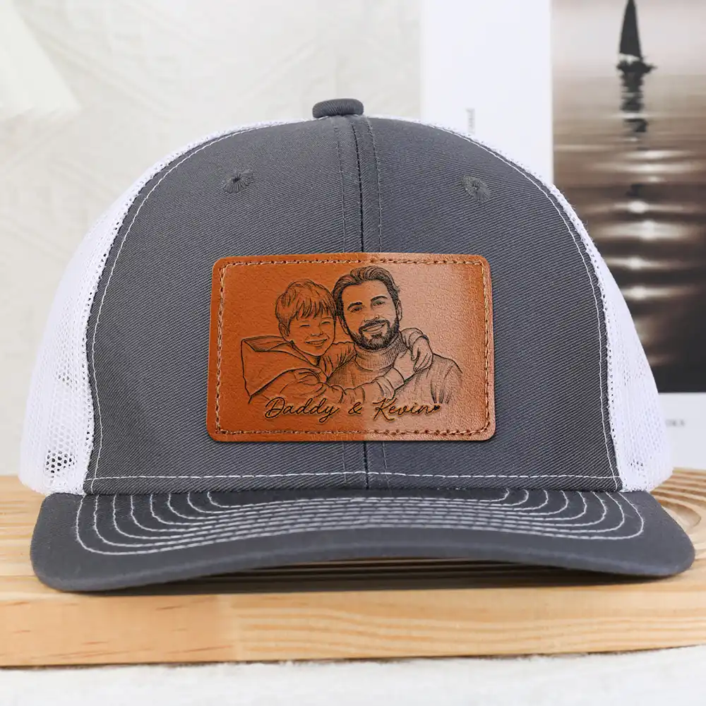 Custom Photo Pencil Sketch Family Dog Cat Portrait - Personalized Leather Patch Hat - Image 3