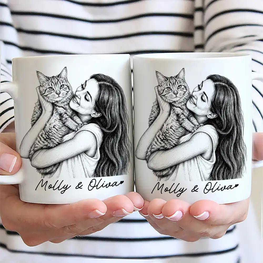 Custom Photo Pencil Sketch Family Dog Cat Portrait - Personalized Mug - Image 3