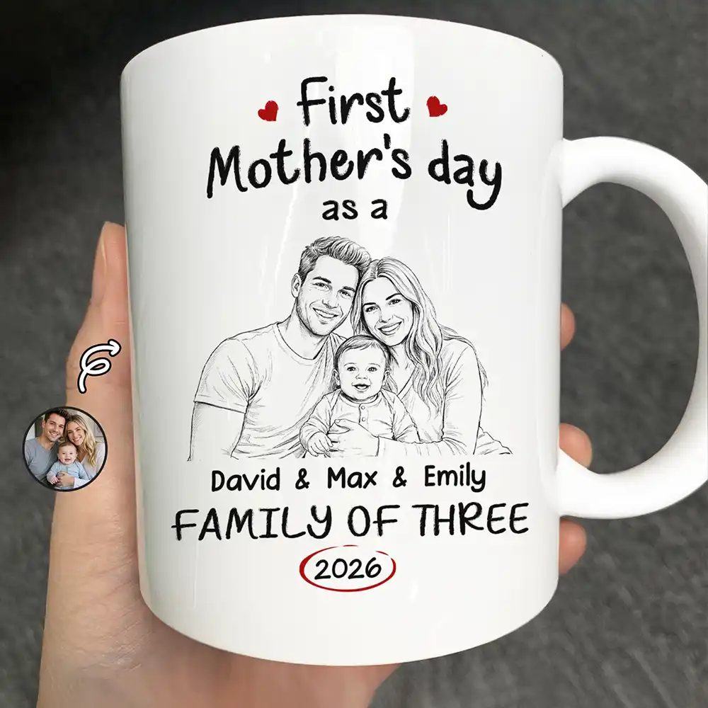 Custom Photo Pencil Sketch First Time Ever As A Family Of Three - Personalized Mug - Image 2
