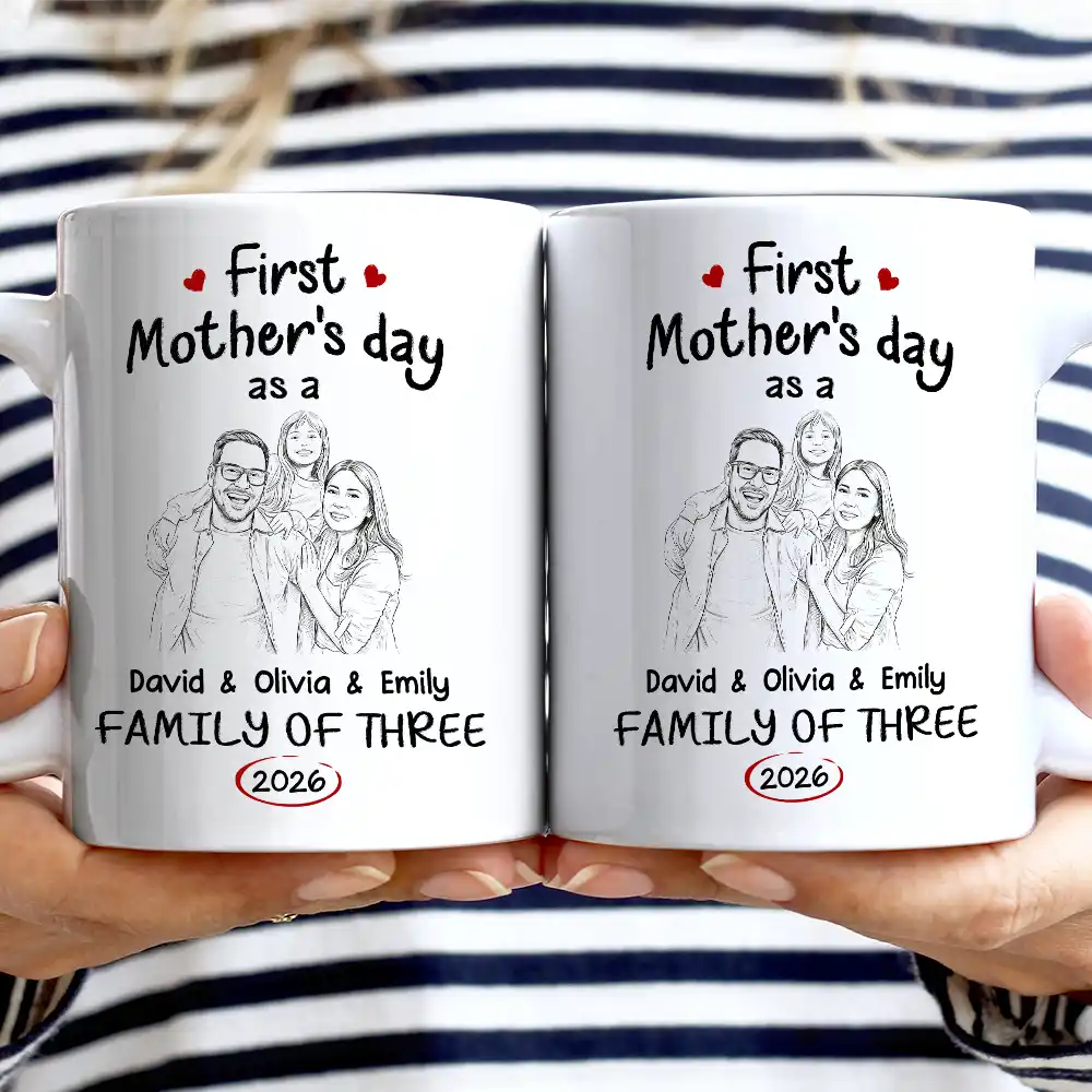 Custom Photo Pencil Sketch First Time Ever As A Family Of Three - Personalized Mug - Image 4