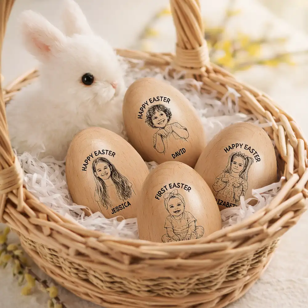Custom Photo Pencil Sketch Happy Kids Easter - Personalized Musical Wooden Easter Egg Shaker - Image 4
